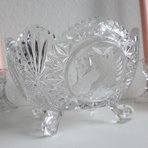 Vintage Hofbauer Byrdes Owl Etched Footed Bowl 24% Lead Crystal Candy Dish
